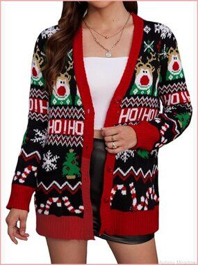 Womens Ugly Christmas Sweater Funny Button Down Cardigan with Pockets